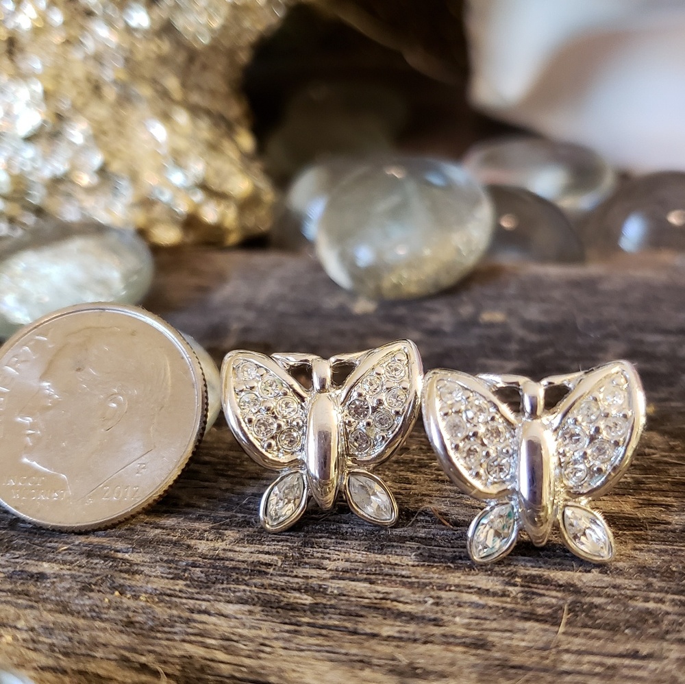 Butterfly earrings, silver tone & crystals, Monet